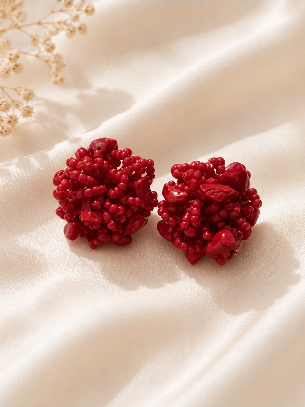 Red Cluster Bead Statement Earrings - Women Jewelry